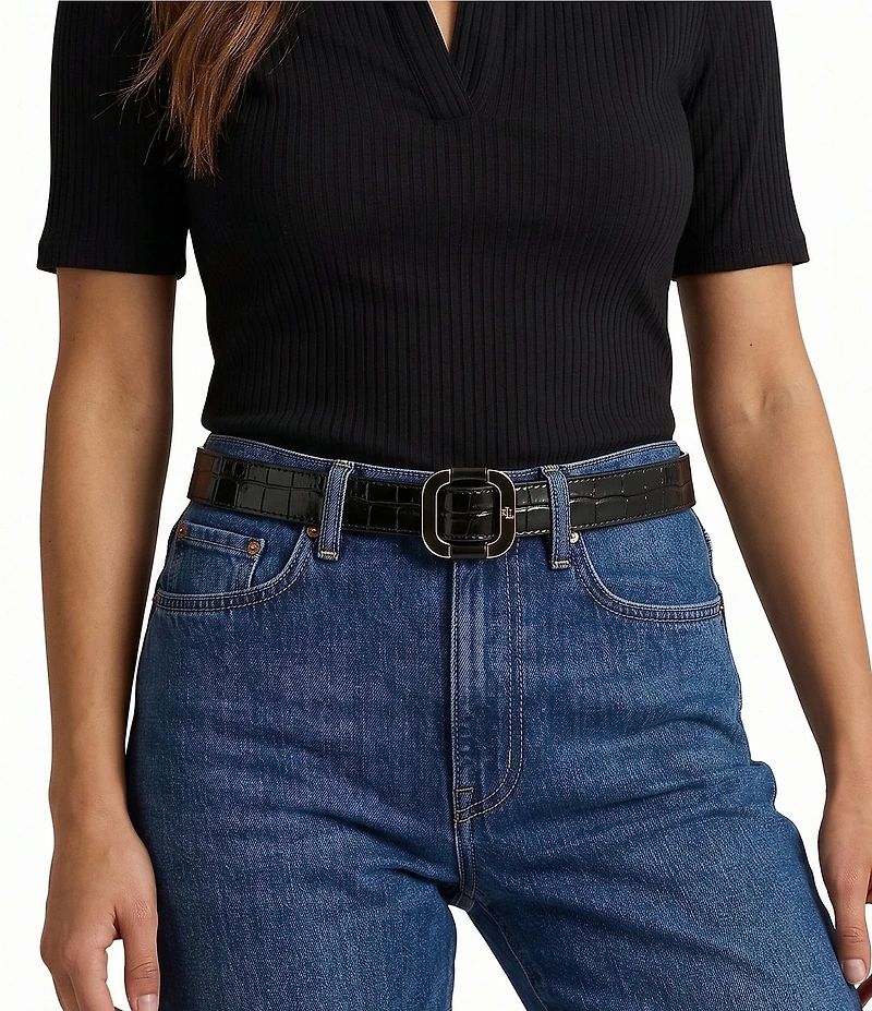 Lauren Ralph Lauren 1.25#double; Slide-Buckle Croc-Embossed Leather Belt