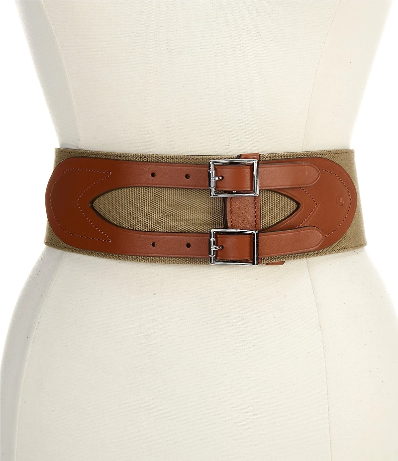 Lauren Ralph Lauren 3#double; Double Buckle Wide Canvas & Leather Belt