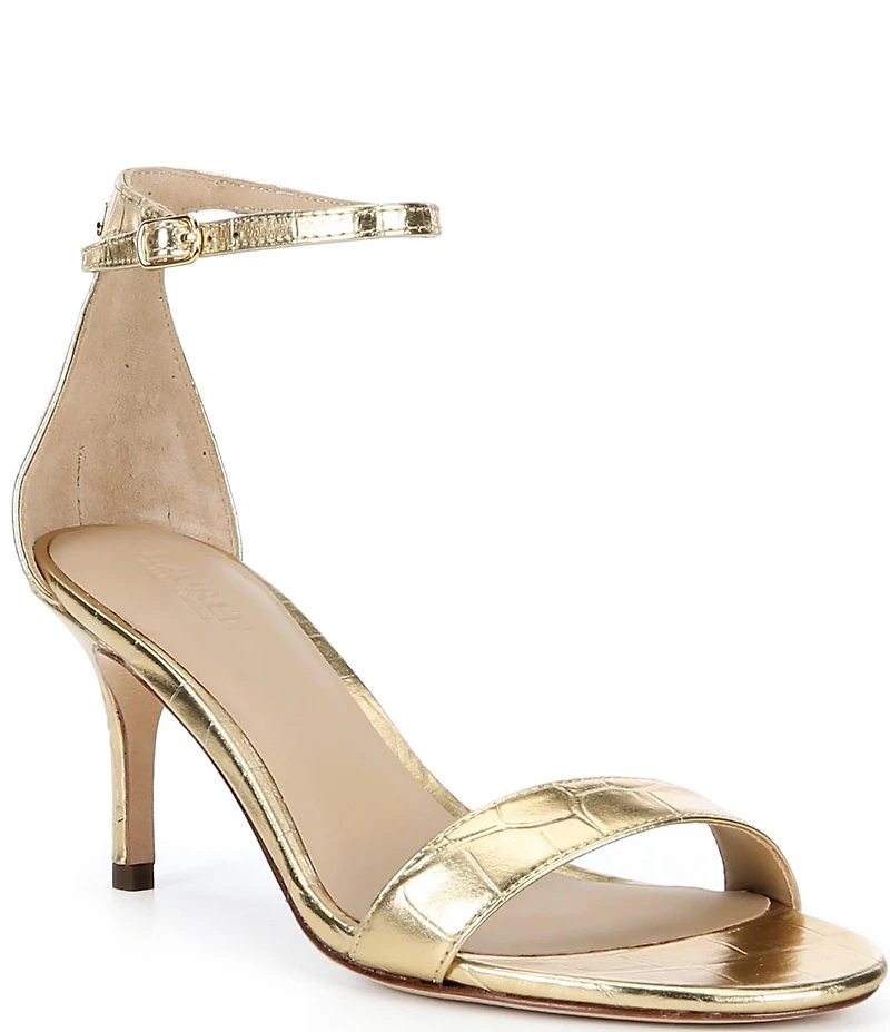 Lauren Ralph Lauren Allie Croco Embossed Ankle Wrap Mid Heel Dress Sandals