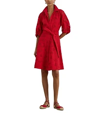 Lauren Ralph Lauren Allover Floral Eyelet Embroidery Self Tie Button Front Shirt Dress