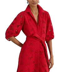 Lauren Ralph Lauren Allover Floral Eyelet Embroidery Self Tie Button Front Shirt Dress