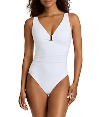 Lauren Ralph Lauren Beach Club Solid Ring V-Neck Underwire One Piece Swimsuit