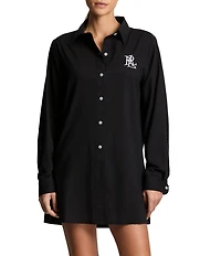 Lauren Ralph Lauren Beachwear Organic Cotton Voile Logo Embroidered Button Front Shirt Swim Cover-Up