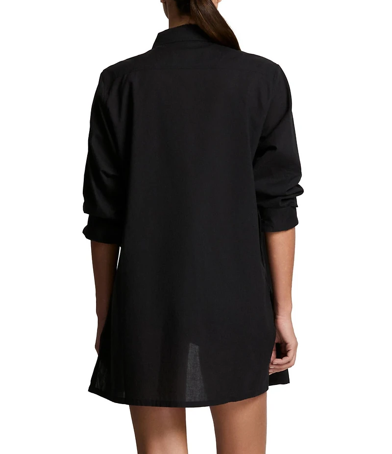 Lauren Ralph Lauren Beachwear Organic Cotton Voile Logo Embroidered Button Front Shirt Swim Cover-Up