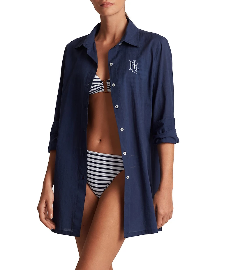 Lauren Ralph Lauren Beachwear Organic Cotton Voile Logo Embroidered Button Front Shirt Swim Cover-Up
