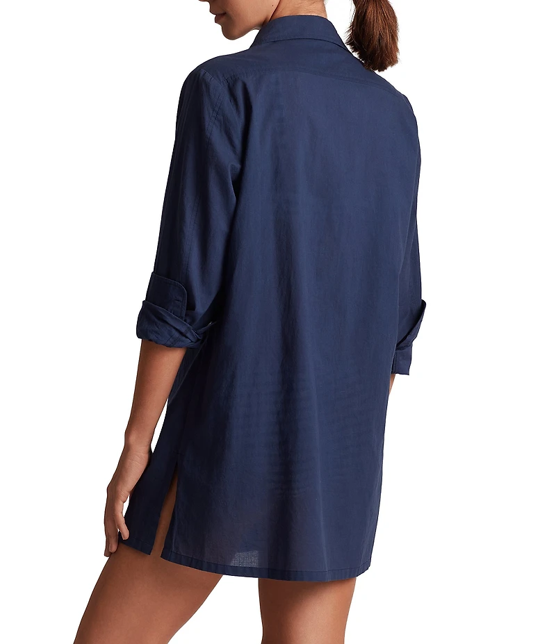 Lauren Ralph Lauren Beachwear Organic Cotton Voile Logo Embroidered Button Front Shirt Swim Cover-Up