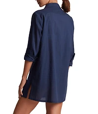 Lauren Ralph Lauren Beachwear Organic Cotton Voile Logo Embroidered Button Front Shirt Swim Cover-Up