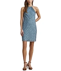 Lauren Ralph Lauren Beaded Mesh Chevron Halter Neck Sleeveless Sheath Dress
