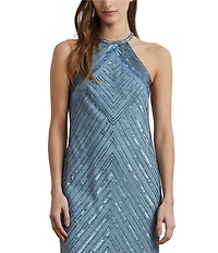 Lauren Ralph Lauren Beaded Mesh Chevron Halter Neck Sleeveless Sheath Dress