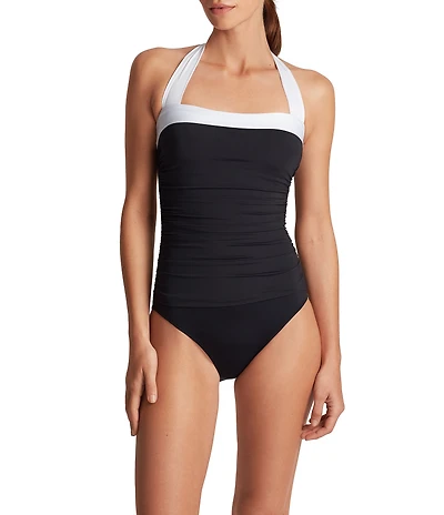 Lauren Ralph Lauren Bel Aire Shirred Contrast Trim Bandeau One Piece Swimsuit