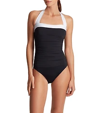 Lauren Ralph Lauren Bel Aire Shirred Contrast Trim Bandeau One Piece Swimsuit