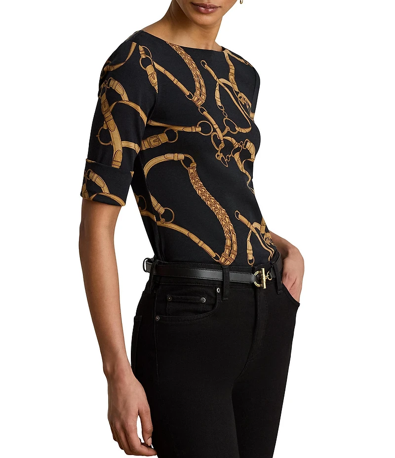 Lauren Ralph Lauren Belting Equestrian Print Refined Stretch Ribbed Knit Boat Neck 3/4 Sleeve Tee Shirt