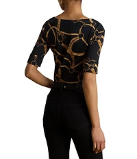 Lauren Ralph Lauren Belting Equestrian Print Refined Stretch Ribbed Knit Boat Neck 3/4 Sleeve Tee Shirt