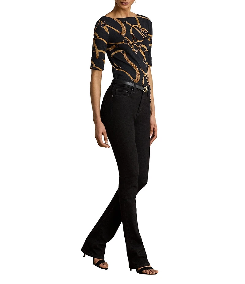 Lauren Ralph Lauren Belting Equestrian Print Refined Stretch Ribbed Knit Boat Neck 3/4 Sleeve Tee Shirt