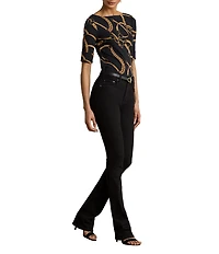 Lauren Ralph Lauren Belting Equestrian Print Refined Stretch Ribbed Knit Boat Neck 3/4 Sleeve Tee Shirt