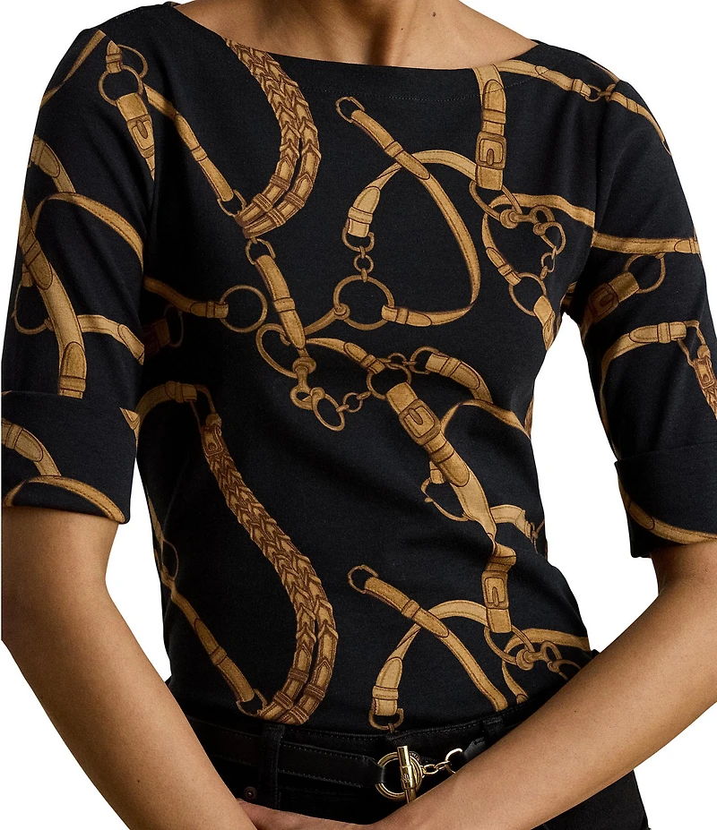Lauren Ralph Lauren Belting Equestrian Print Refined Stretch Ribbed Knit Boat Neck 3/4 Sleeve Tee Shirt