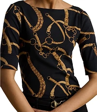 Lauren Ralph Lauren Belting Equestrian Print Refined Stretch Ribbed Knit Boat Neck 3/4 Sleeve Tee Shirt