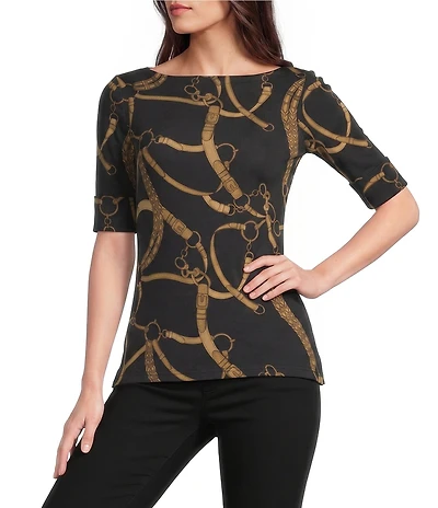 Lauren Ralph Lauren Belting Equestrian Print Refined Stretch Ribbed Knit Boat Neck 3/4 Sleeve Tee Shirt