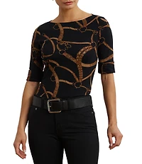 Lauren Ralph Lauren Belting Print Boat Neck Elbow Sleeve Fitted Tee