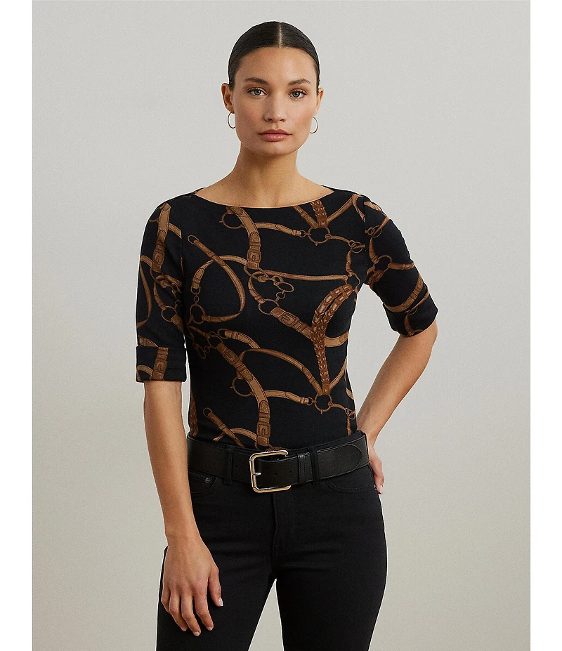 Lauren Ralph Lauren Belting Print Boat Neck Elbow Sleeve Fitted Tee