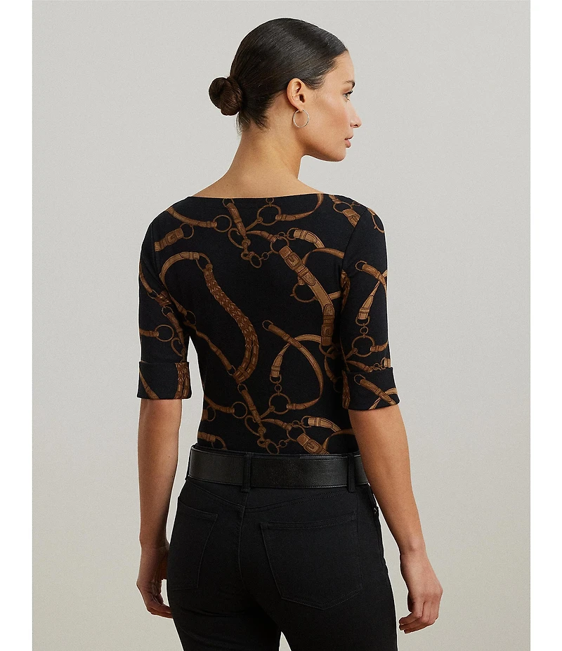 Lauren Ralph Lauren Belting Print Boat Neck Elbow Sleeve Fitted Tee