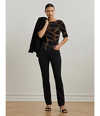 Lauren Ralph Lauren Belting Print Boat Neck Elbow Sleeve Fitted Tee