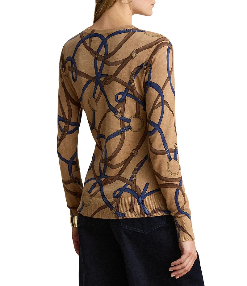 Lauren Ralph Lauren Petite Size Belting-Print Cotton Modal Crew Neck Long Sleeve Sweater
