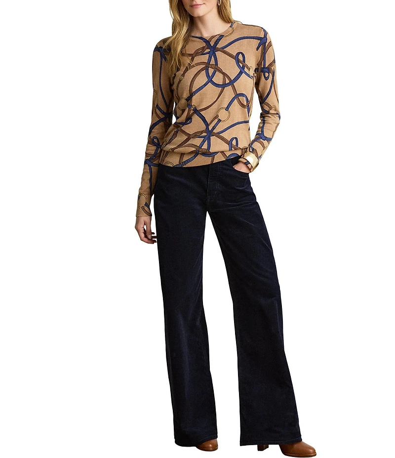 Lauren Ralph Lauren Petite Size Belting-Print Cotton Modal Crew Neck Long Sleeve Sweater