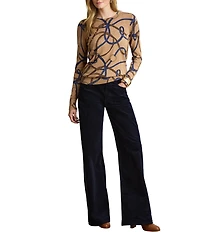 Lauren Ralph Lauren Petite Size Belting-Print Cotton Modal Crew Neck Long Sleeve Sweater