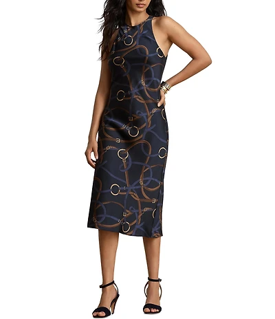 Lauren Ralph Lauren Belting Print Crew Neck Sleeveless Sheath Dress