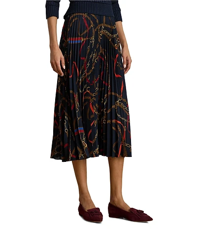 Lauren Ralph Lauren Belting Print Pleated A-Line Georgette Skirt