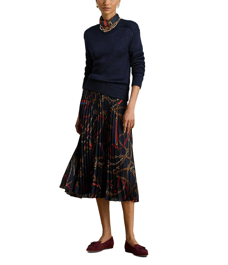 Lauren Ralph Lauren Belting Print Pleated A-Line Georgette Skirt