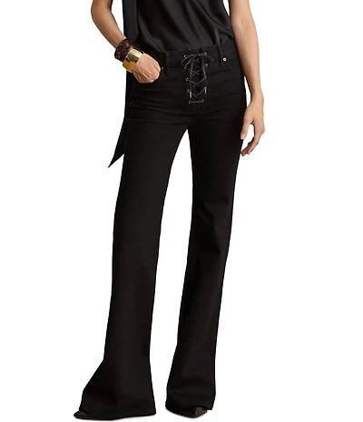 Lauren Ralph Lauren Black Denim High Rise Straight To Knee Wide Leg Ankle Length Jeans
