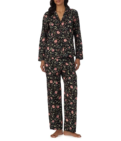 Lauren Ralph Lauren Black Ground Floral Print Long Sleeve Notch Collar Woven Pajama Set