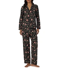 Lauren Ralph Lauren Black Ground Floral Print Long Sleeve Notch Collar Woven Pajama Set