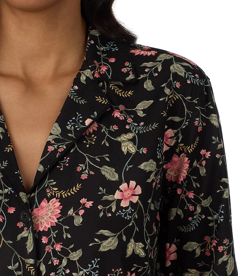 Lauren Ralph Lauren Black Ground Floral Print Long Sleeve Notch Collar Woven Pajama Set