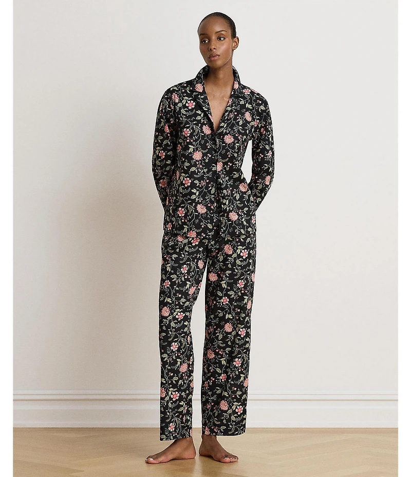 Lauren Ralph Lauren Black Ground Floral Print Long Sleeve Notch Collar Woven Pajama Set