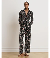 Lauren Ralph Lauren Black Ground Floral Print Long Sleeve Notch Collar Woven Pajama Set