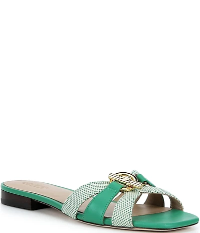 Lauren Ralph Lauren Blaike Canvas and Leather Hardware Detail Slide Sandals