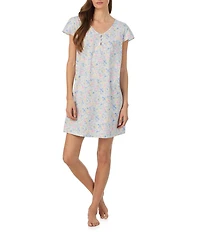 Lauren Ralph Lauren Blue Floral Print Short Flutter Sleeve V-Neck Jersey Knit Short Nightgown