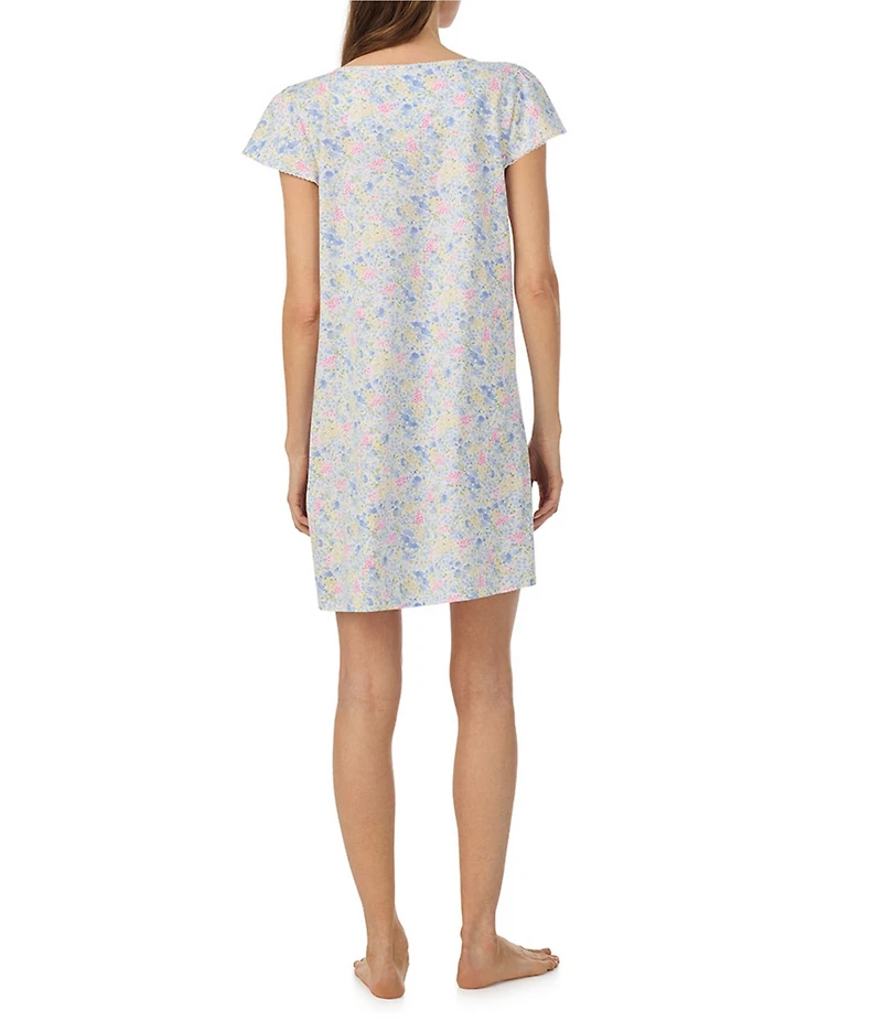Lauren Ralph Lauren Blue Floral Print Short Flutter Sleeve V-Neck Jersey Knit Short Nightgown