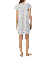 Lauren Ralph Lauren Blue Floral Print Short Flutter Sleeve V-Neck Jersey Knit Short Nightgown