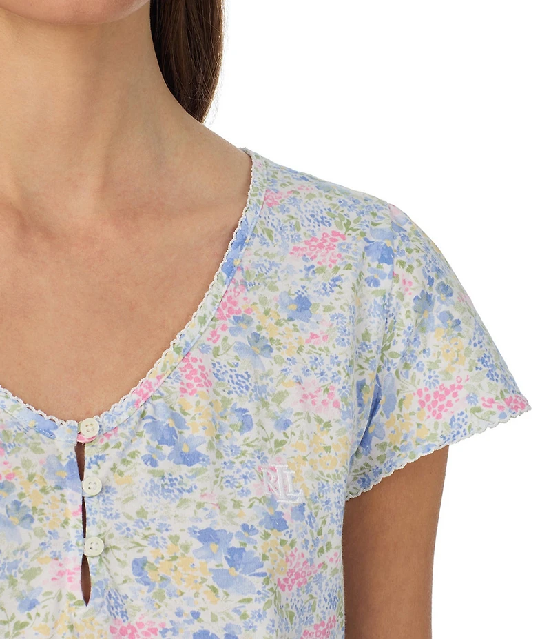 Lauren Ralph Lauren Blue Floral Print Short Flutter Sleeve V-Neck Jersey Knit Short Nightgown