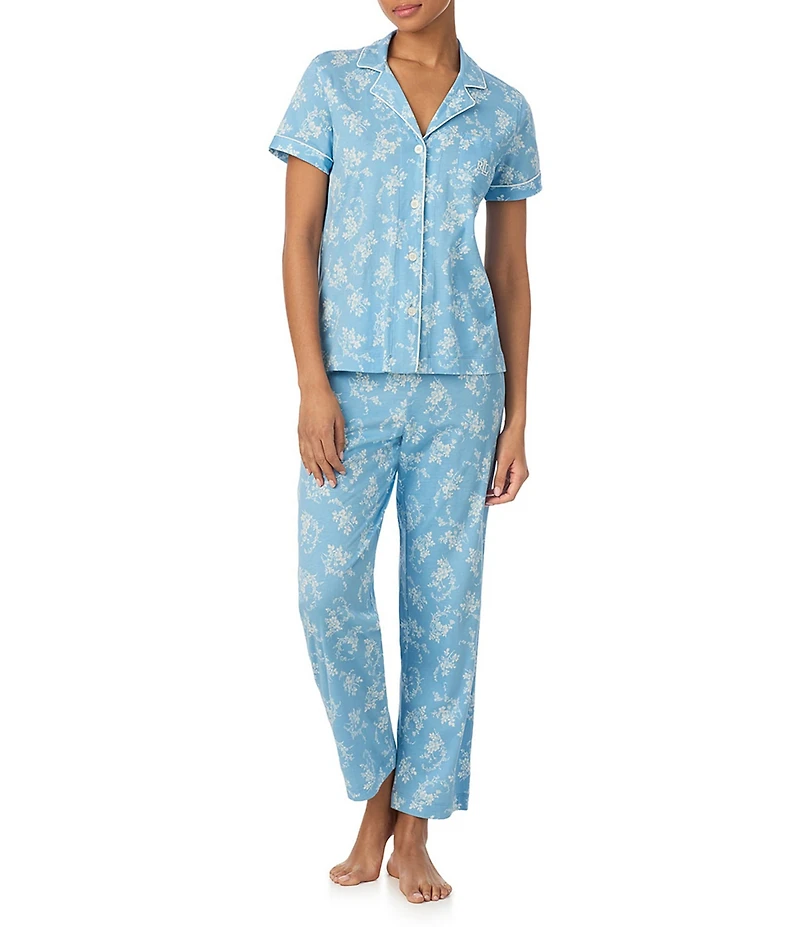 Lauren Ralph Lauren Blue Floral Print Short Sleeve Notch Collar Jersey Knit Pajama Set
