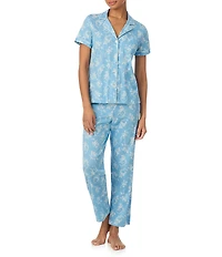 Lauren Ralph Lauren Blue Floral Print Short Sleeve Notch Collar Jersey Knit Pajama Set