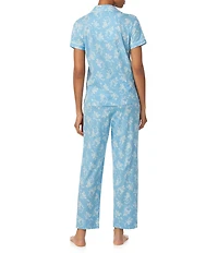 Lauren Ralph Lauren Blue Floral Print Short Sleeve Notch Collar Jersey Knit Pajama Set
