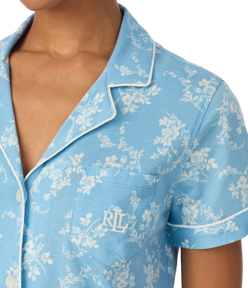 Lauren Ralph Lauren Blue Floral Print Short Sleeve Notch Collar Jersey Knit Pajama Set