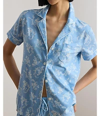 Lauren Ralph Lauren Blue Floral Print Short Sleeve Notch Collar Jersey Knit Pajama Set
