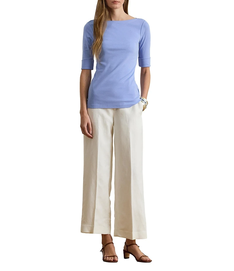 Lauren Ralph Lauren Boat Neck Elbow Sleeve Stretch Cotton Knit Tee