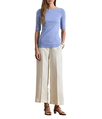Lauren Ralph Lauren Boat Neck Elbow Sleeve Stretch Cotton Knit Tee